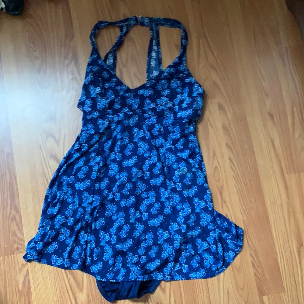 Blue one piece skirted bathing suit swimsuit